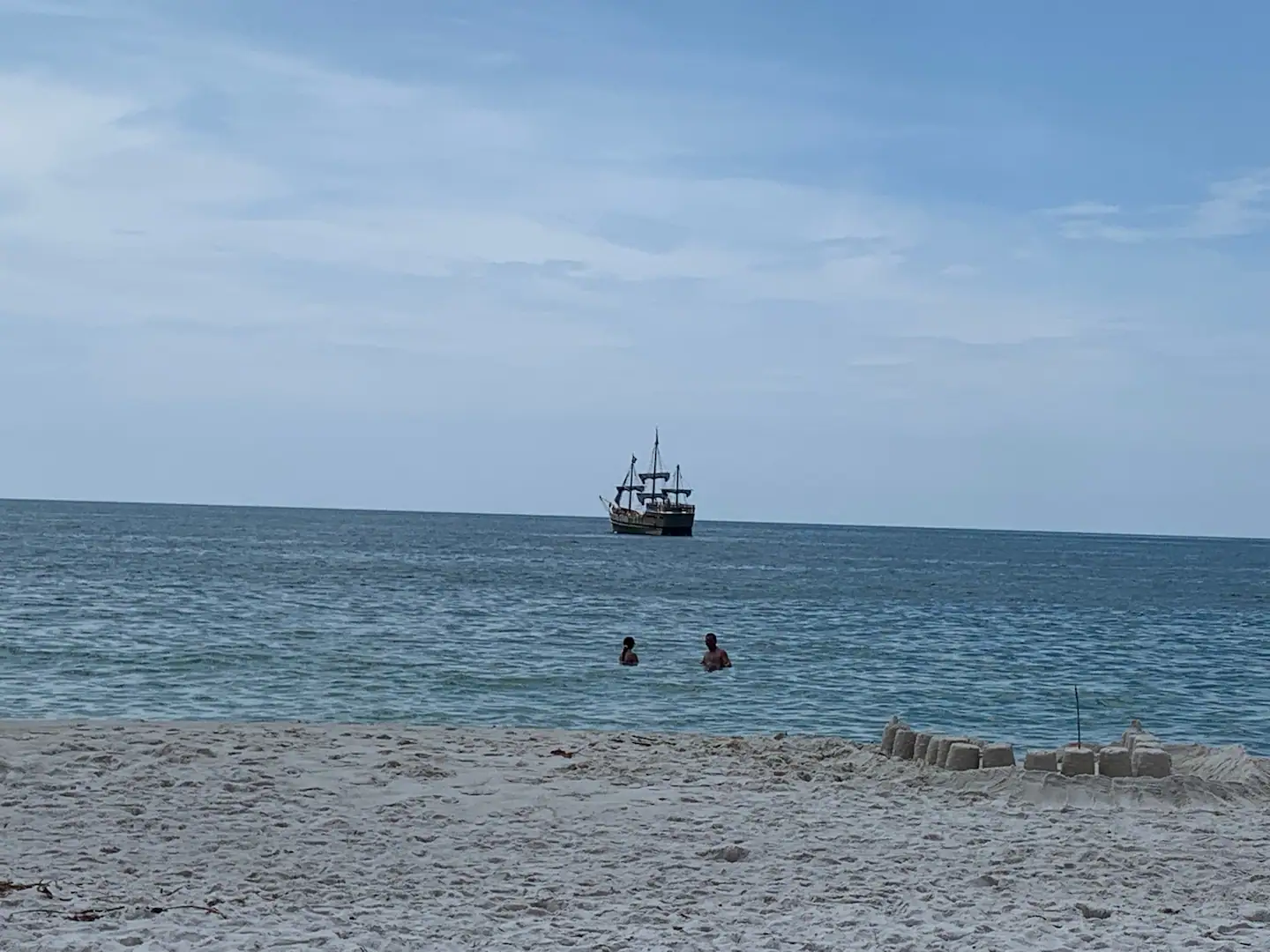 A boat is in the water near two people on the beach.