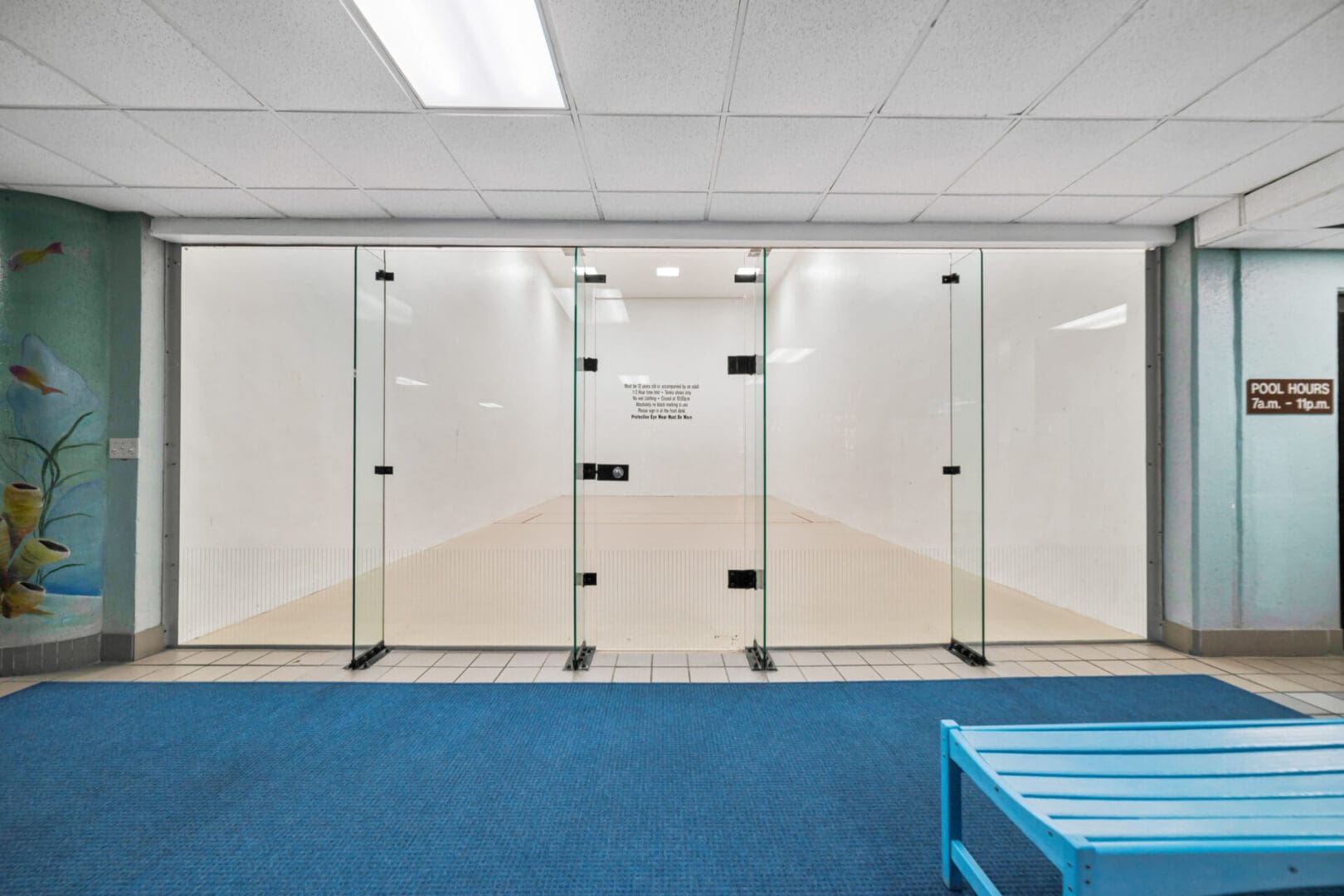 A room with glass doors and blue carpet.