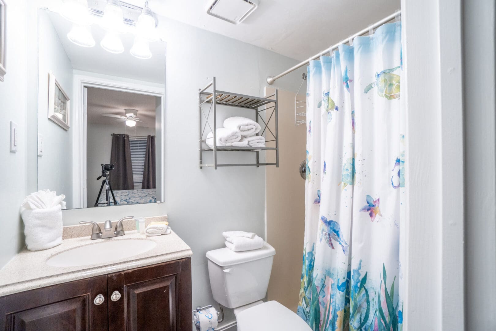 A bathroom with a toilet, sink and mirror.