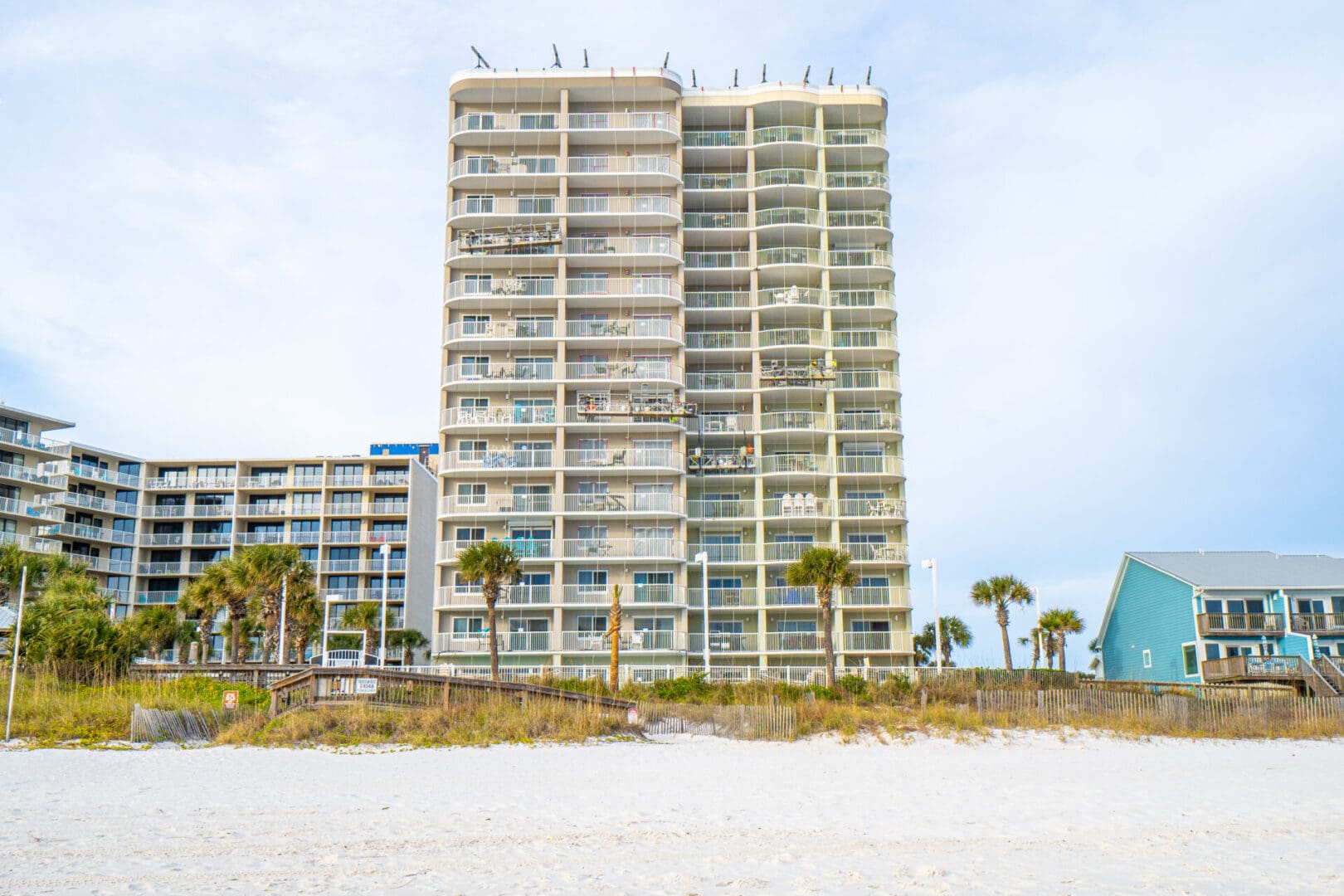 A beach with palm trees and a large building in the background.