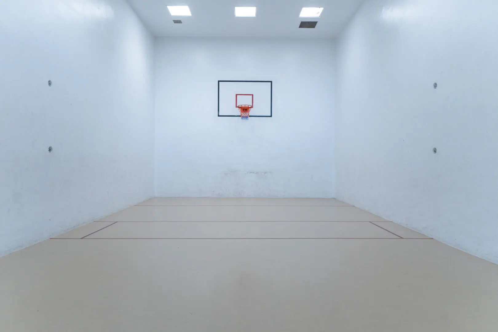 A basketball hoop in the middle of an indoor court.